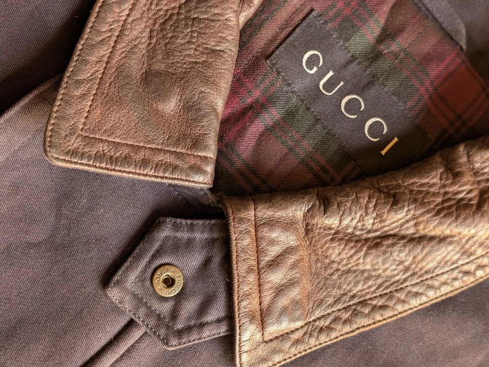 Abrigo Chaqueta de Campo GUCCI De Colección Cuello de Cuero Marrón Forrado a Cuadros Italia - Talla 54 Foto 3 de 4