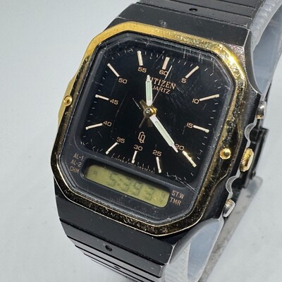 VTG Citizen Analog Digital Quartz Watch Men Black Rectangle