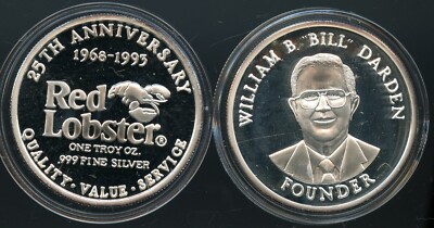 Red Lobster 25th Ann 1968-1995 Bill Darden Rare 1oz .999 Silver
