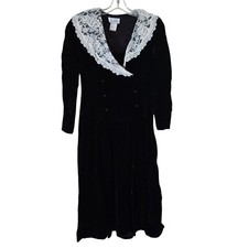 Jessica McClintock Dress 6 Black Velvet White Collar Lace 80s Formal USA VTG