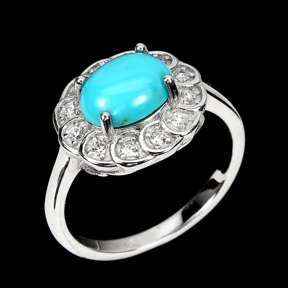 925 Sterling Silver Oval Blue Turquoise 9x7mm Simulated Cz Ring 6.5 - Image 2 of 4