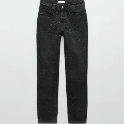 ZARA Black DENIM Slim Embellished Rhinestone JEANS SIZE 2 US ZARA Black DENIM Slim Embellished Rhinestone JEANS SIZE 2 US