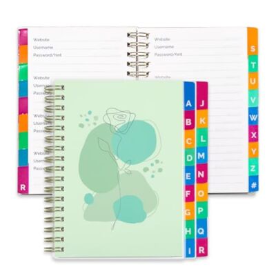 Small Password Book with Colorful Alphabetical Tabs, Spiral Password Green