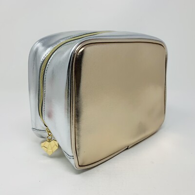 AHAVA Cosmetic Travel Makeup Bag Case With Zipper Wide Open Gold Silver New