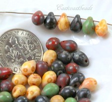 Tear Drop Beads, 5x7mm, Green,Black  Red, Matte w/ Picasso Finish, 50 Beads