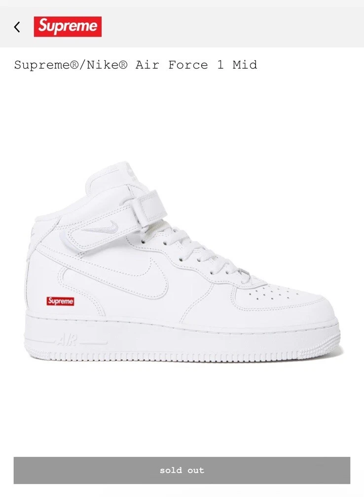 Baskets Supreme Nike Air Force 1 Mid homme taille 10 neuves deadstock tout blanc