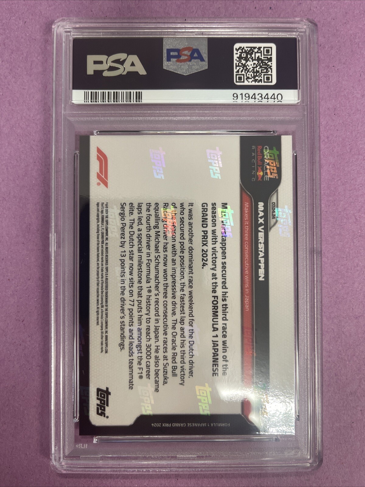 2024 Topps Now F1 Max Verstappen #8 THREE CONSECUTIVE WINS IN JAPAN PSA 10 (R19) view 3