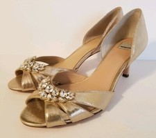 BHLDN Hitherto Martina D'orsay Gold Rhinestone Peep Toe Sandal Heel Size 7.5 New