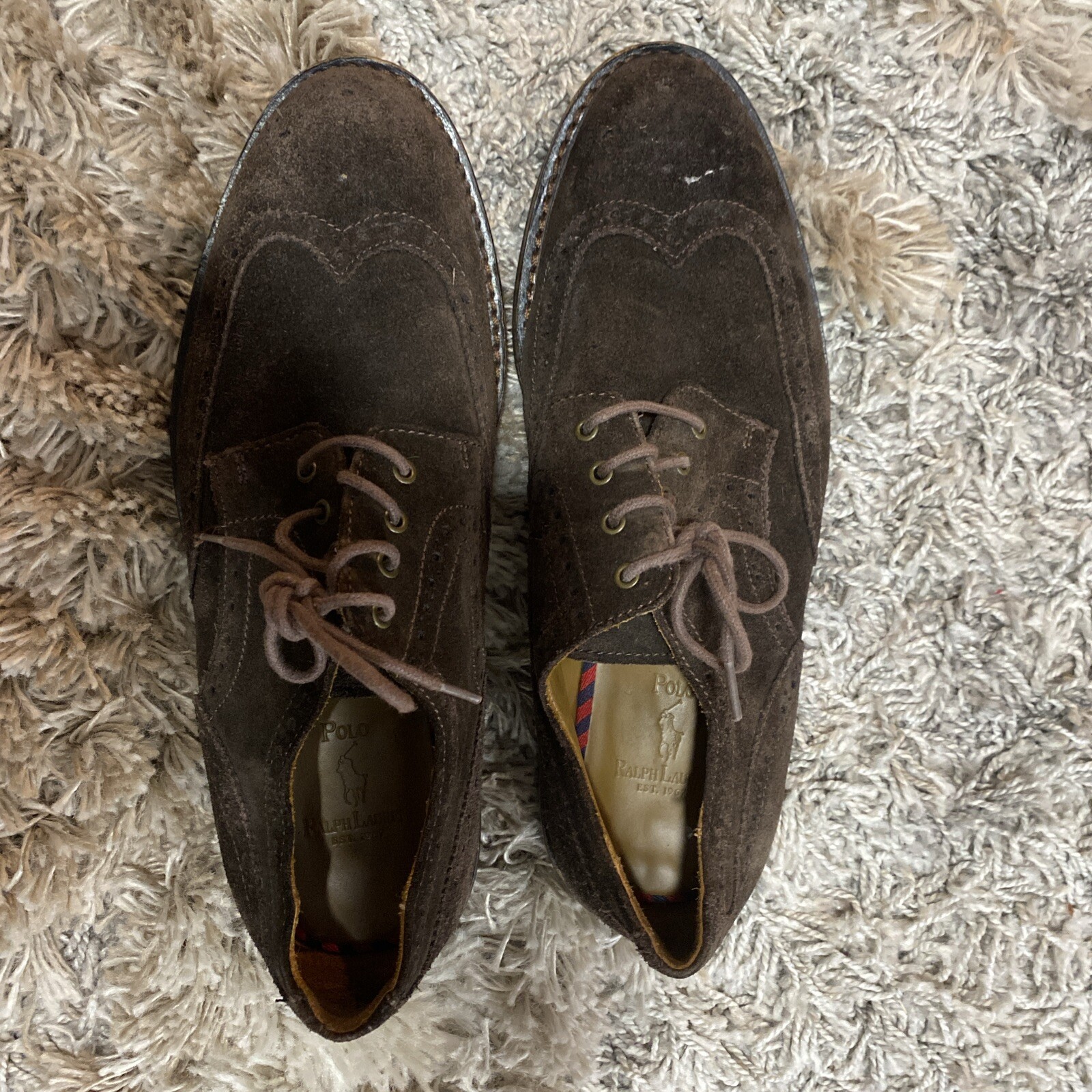 SAOLA Ralph LAUREN uomo NORBECK PUNTA ALARE CAMOSCIO MARRONE SCURO TAGLIA 9D