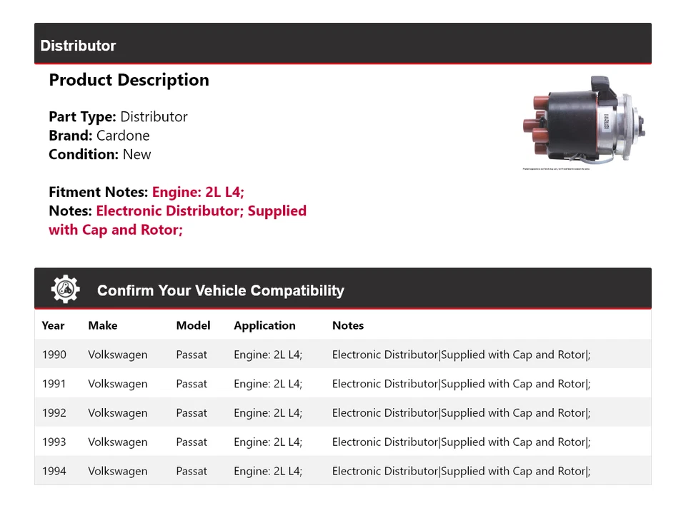 Para Volkswagen Passat 1990-1994 2L L4 Distribuidor Cardone 1991 1992 1993 Foto 2 de 4
