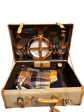 Vintage Picnic Time Complete Leather & Canvas Hard-shell Case Travel Set Beige