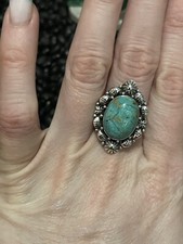 Native American Southwest Sterling Silver Green Turquoise Ring Adjustable Oval