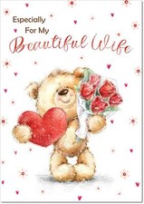 Doodlecards Wife Birthday Card Teddy with Love Heart and Flowers