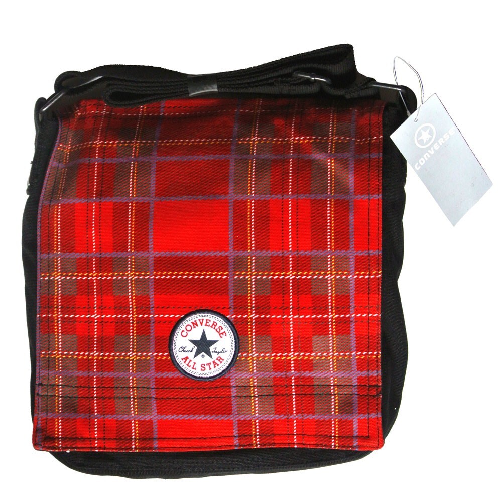 Converse Bolso de Hombro 98413-30 Black Parche Lona Tartán Tartan Logo Rojo