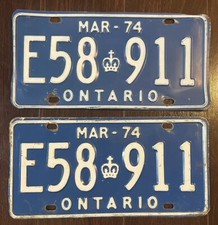 ONTARIO LICENSE PLATE 1974 PAIR / E58 911 /1974 ONTARIO LICENSE PLATE PAIR
