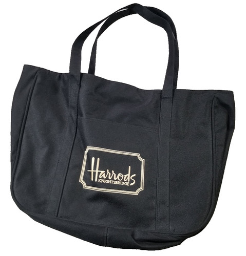 Harrods Large Black Logo Tote Bag Zip Top Double Handles, Inner Pockets