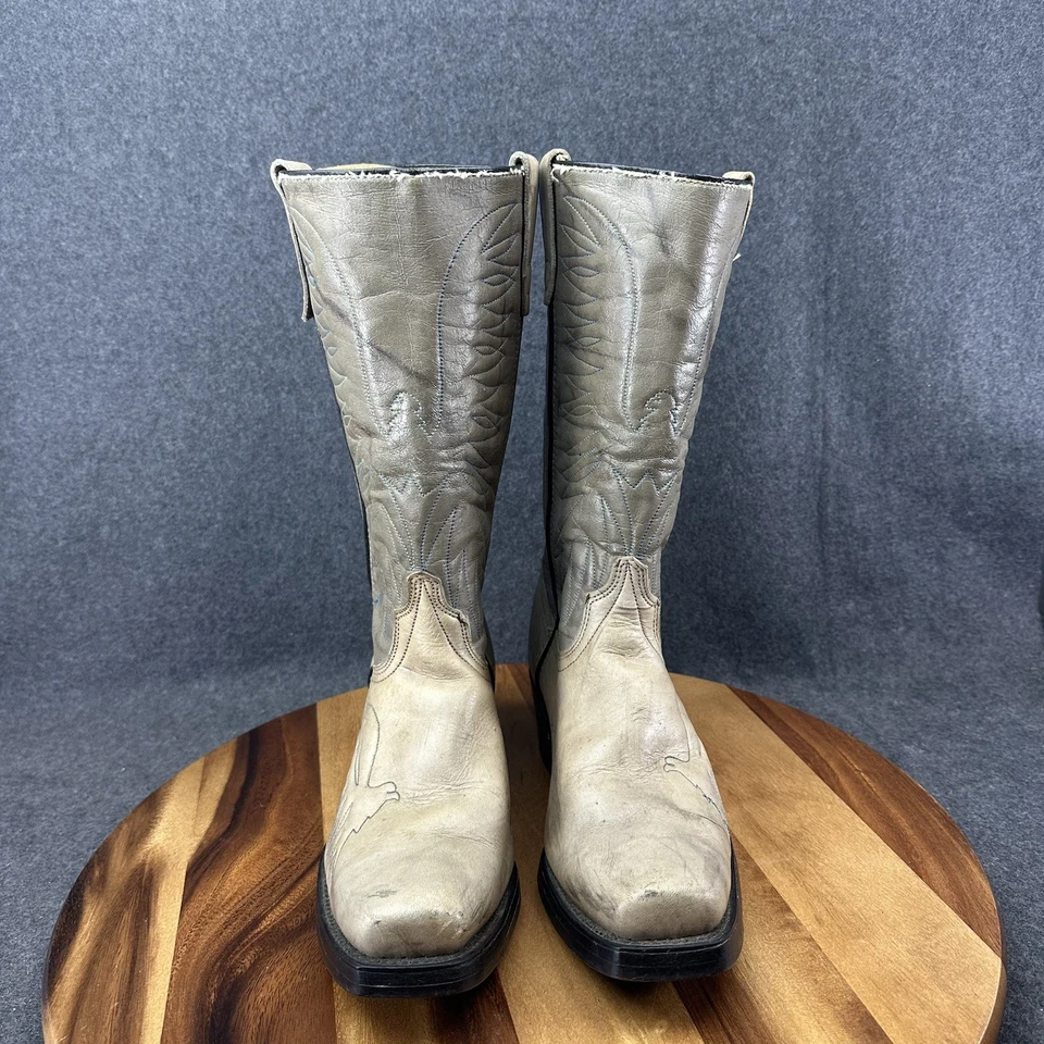 复古牧马人 5622 男式 8.5D 灰色鹰火鸟皮革牛仔西部靴 — 第 3/4 张图片