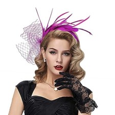 Retro Veil Bride Wedding Fascinator Hat Feather Hairband Holder Medium Purple