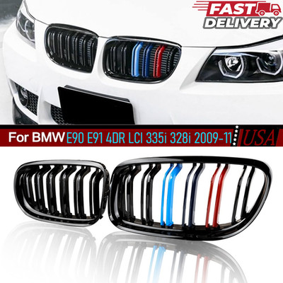 Gloss Black M-Color Front Kidney Grill For BMW 2009-11 E90 E91 4DR LCI 335i 328i