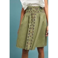 Maeve Anthropologie Green Linen Embroidered Button Front Skirt Size 4 Boho Skirt