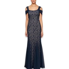 NWT Alex Evenings Fit Flare Lace Cold Shoulder Navy Sequin Lace Dress Size 8