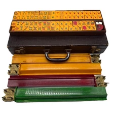 Vtg Mah Jongg Four Winds 159 Butterscotch Bakelite Tiles 4 Racks Leather Case