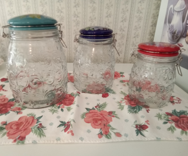 Three (3) Pioneer Woman Glass FLORAL MEDLEY Clamp Locking Lid Storage Jars *EUC*