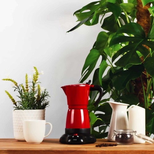 Cafetière italienne électrique rouge 6 tasses moka programmable alu