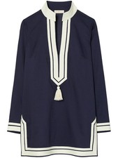 Tory Burch Navy Blue Cotton Tunic Dress with Plunging U-Neck & Tassel Detail