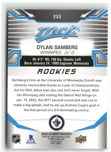 2022-23 Upper Deck MVP Dylan Samberg RC Rookie Winnipeg Jets #233 - Afbeelding 2 van 2