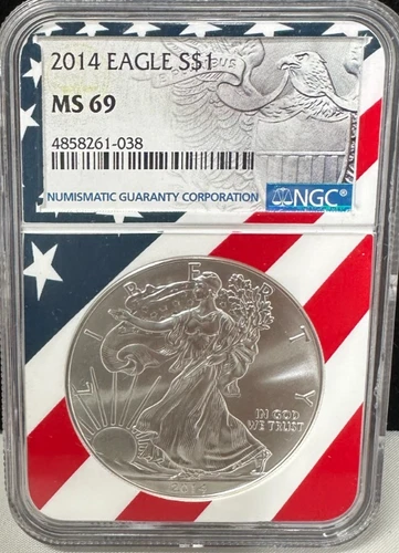 2014 $1 AMERICAN SILVER EAGLE NGC MS69 USA FLAG CORE HOLDER