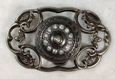 Vintage Silver Tone Scroll Belt Buckle Rhinestone Concho Bloral