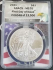 2021 US Uncirculated Silver Eagle "T-1"-1 oz .999 Fine Silver-ANACS MS70 #06048