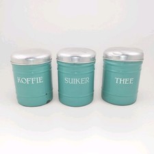 Vintage CANISTER SET Enamelware Coffee Sugar Tea Enamel Storage Jars Pot