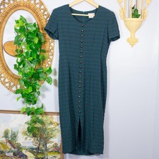 VTG Green Plaid Button Front Midi Dress Front Slit Short Sleeve | Dark Autumn
