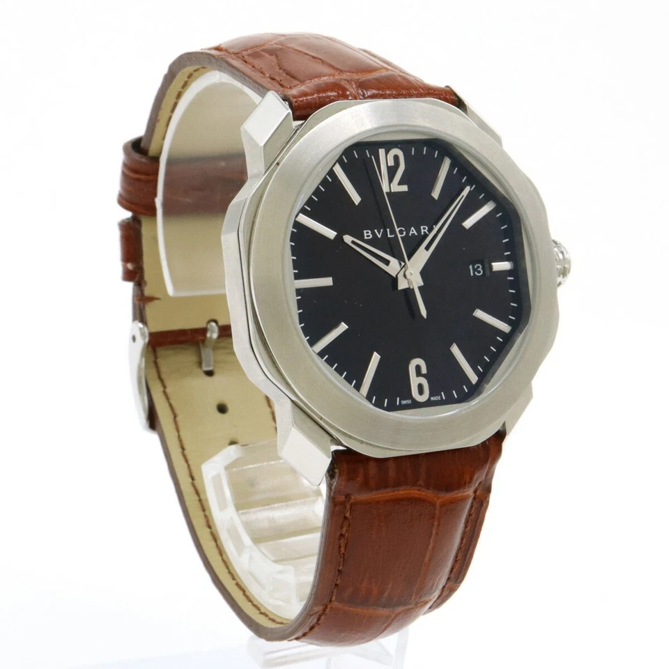 BVLGARI Octo Fecha Esfera Negra Acero Inoxidable Correa de Cuero Para Hombre AT Automático Wa Foto 4 de 4