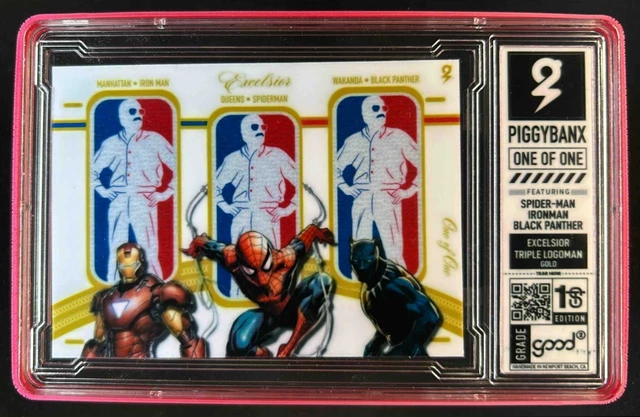 PiggyBanx Excelsior Triple Logoman Spiderman Iron Man Black Panther matt #1/1