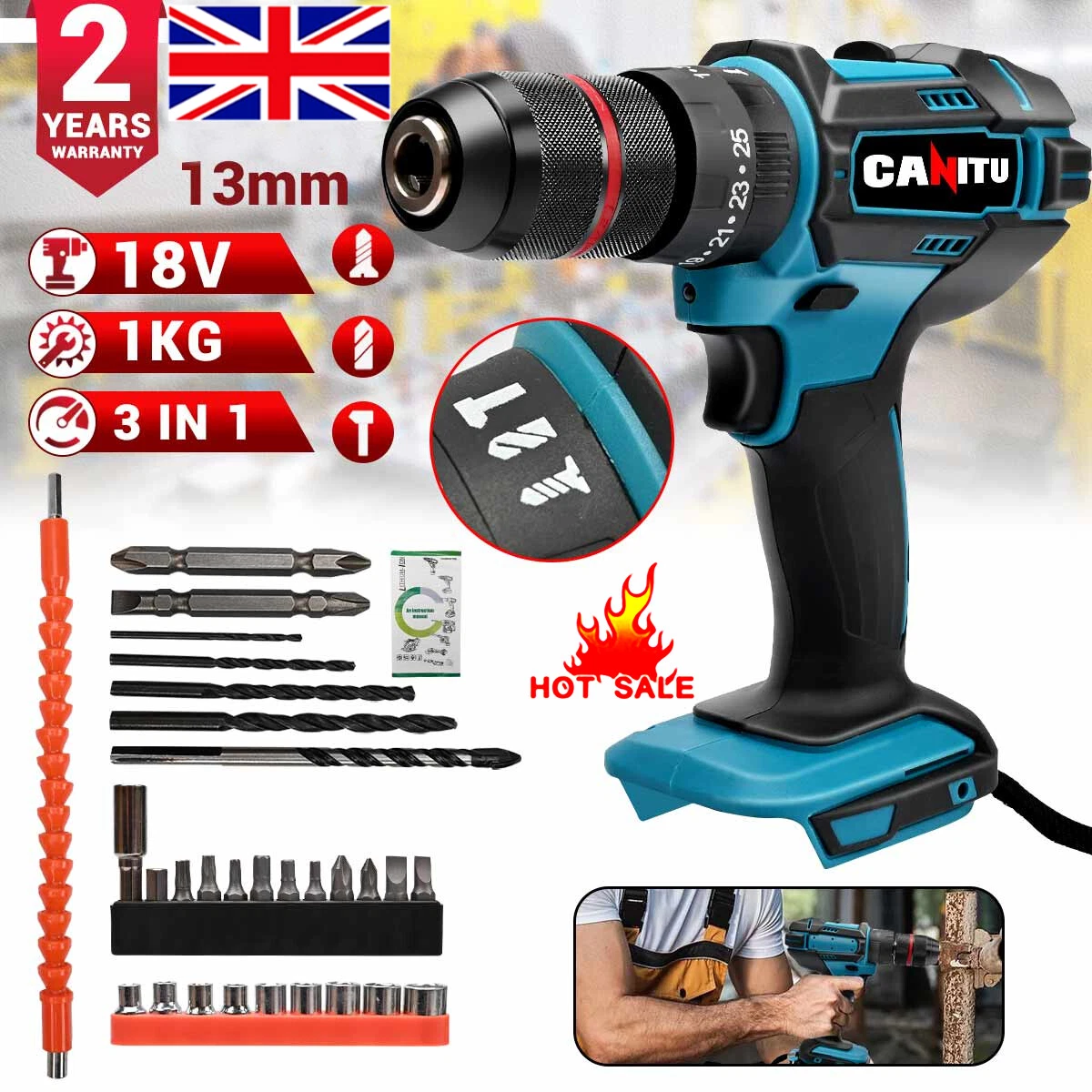 CANITU Cordless Impact Hammer Driver Combo Drill Kit For Makita 18V No Battery