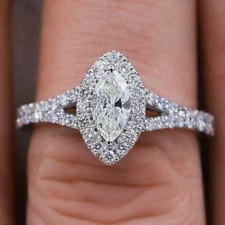 2.CT Marquise Cut RD Halo Simulate Diamond Engagement Ring 14K White Gold Finish