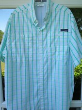 Columbia PFG Super Tamiami Men Green White Check Vented Fishing Shirt Medium EUC