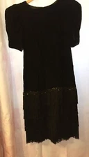 Pretty Vintage 80s Black Velvet Flapper Style Dress Size 7/8