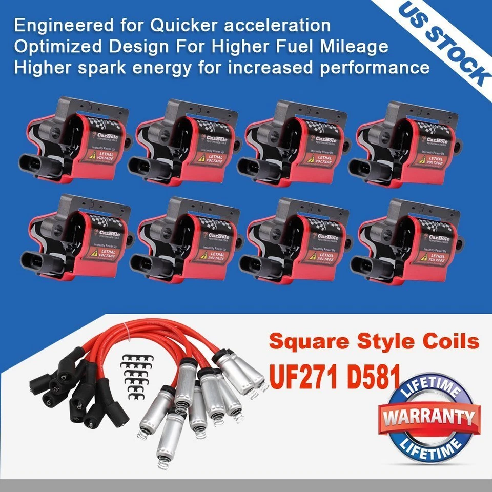 Pacote com 8 bobinas de ignição quadradas e fios de vela de ignição para Chevy GMC LS3 4.8/5.3/6.0/8.1L - Imagem 4 de 4