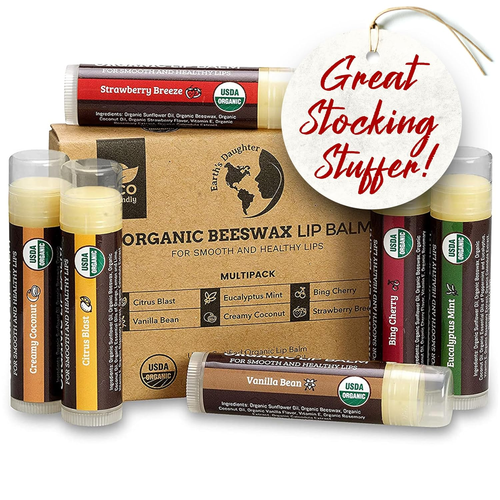 USDA Organic Lip Balm 6-Pack by - Fruit Flavors, Beeswax, Coconut Oil, Vitamin