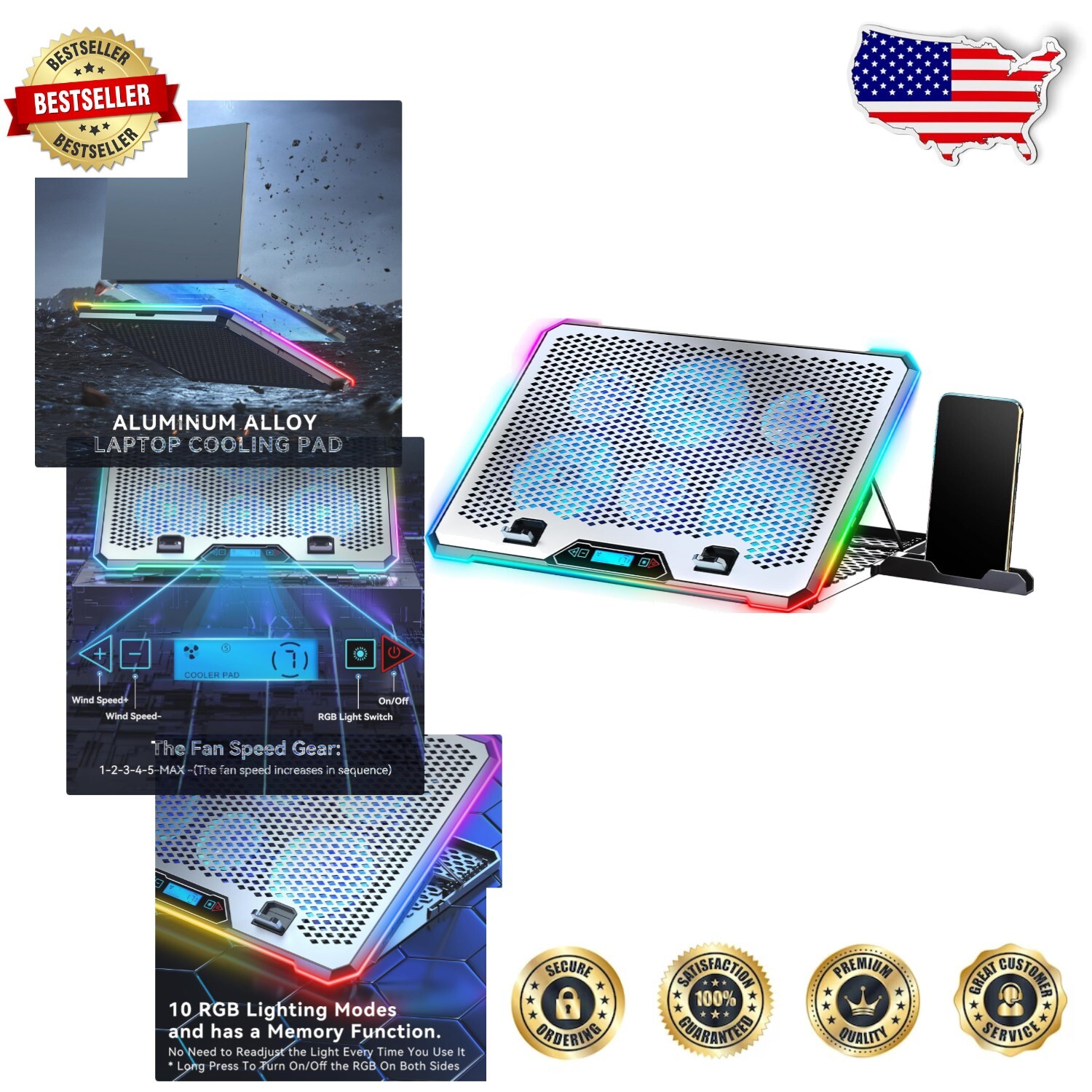 Multi-Functional RGB Cooling Pad with Adjustable Height & Cool LED Lighting