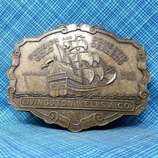 Gold Dealers Sailing Ship Belt Buckle Livingston Wells Co Vintage 70s .CPA298