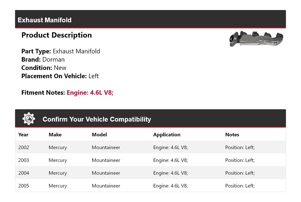 Colector de escape izquierdo para Mercury Mountaineer 2002-2005 4,6 L V8 Dorman 2003 Foto 2 de 4