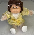 Vintage 1983 Cabbage Patch Doll Brown Hair Brown Eyes Yellow Dress