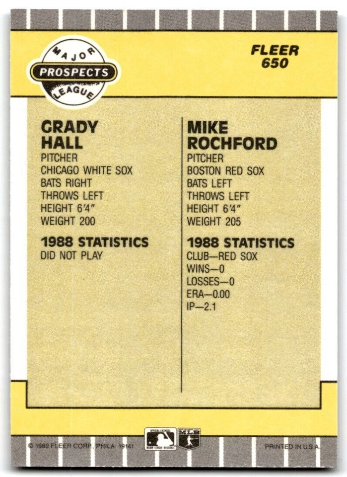 1989 Fleer Grady Hall/Mike Rochford Chicago White Sox/Boston Red Sox #650 - Image 2 of 2