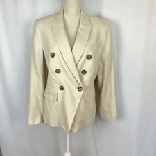Magaschoni Linen Blend Double Breasted Blazer Jacket Off White Women  s L Natural
