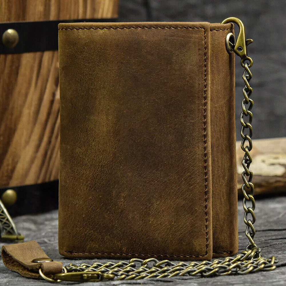 Men Leather Tri fold Vintage Biker Chain wallet With Snap Closur CARD Holder NEW